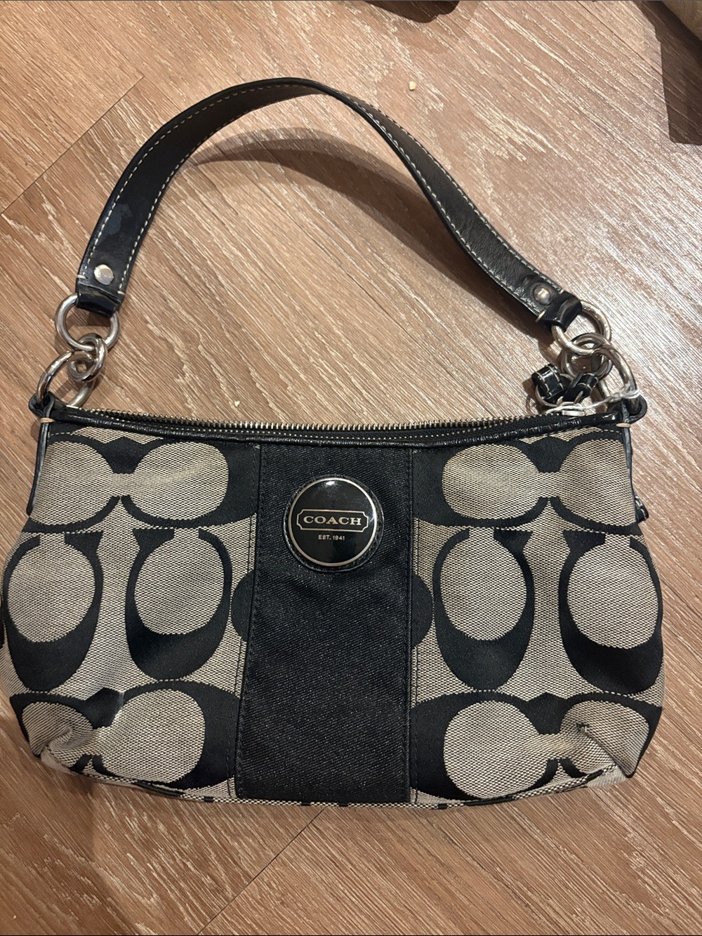 Coach Khaki and Black Signature Canvas Shoulder Bag